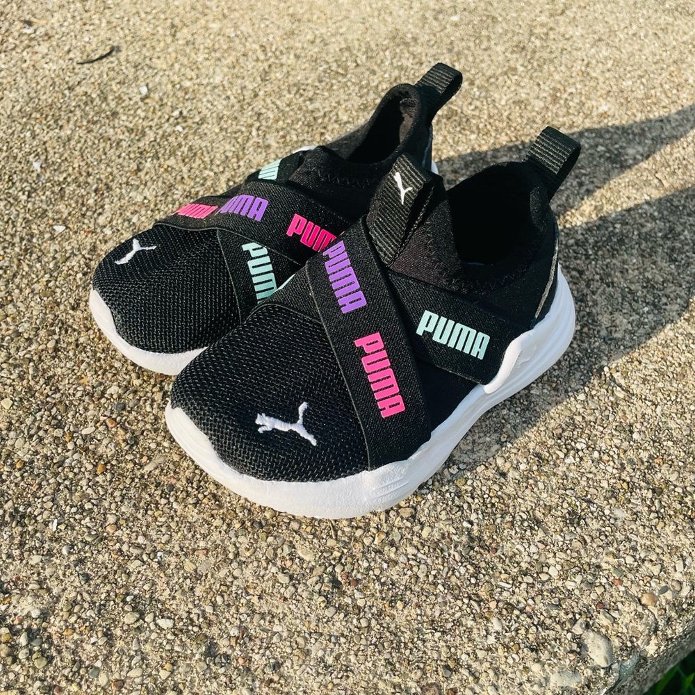 PUMA Kids Black Sneakers with Colorful Logo Straps